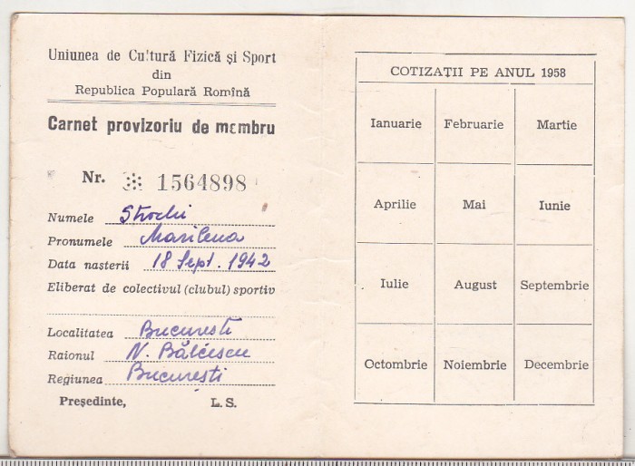 bnk div UCFS - carnet provizoriu de membru - 1958