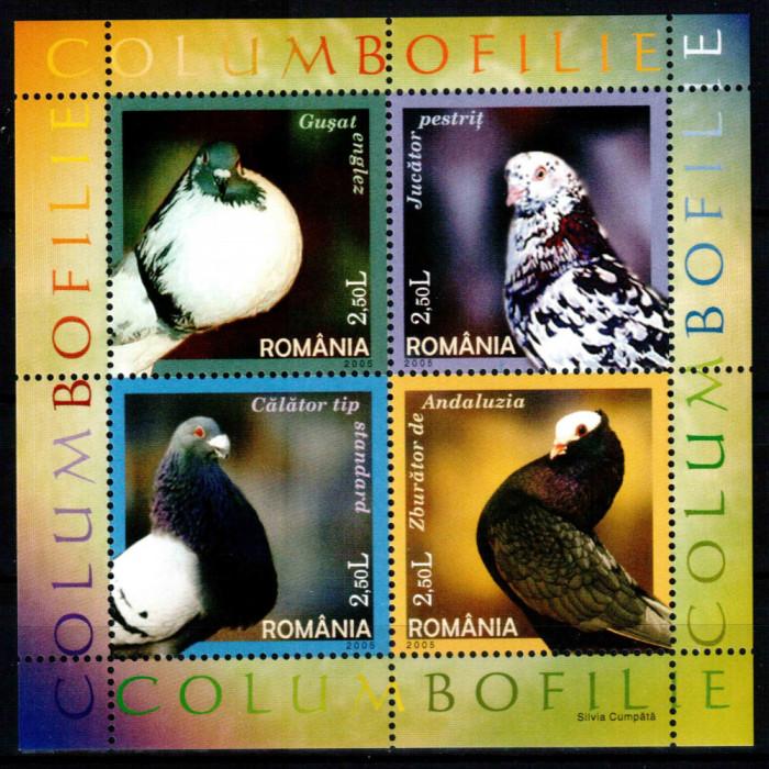 Romania 2005, LP 1701, Columbofilie, bloc de 4 dant. complet, MNH! LP 10,50 lei