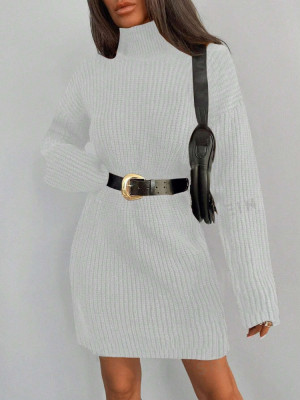 Rochie mini cu guler si maneca lunga, din tricot, alb, dama foto