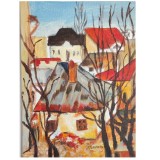 E58. Tablou, Case din anii 1900, reinterpretare dupa Tonitza, neinramat, 24x18cm, Peisaje, Acrilic, Impresionism