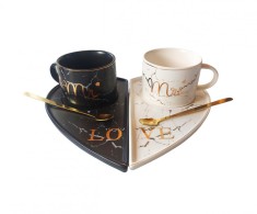 Set 2 cesti de cafea cu suport in forma de inima, Love, Mr, Mrs, 101MK