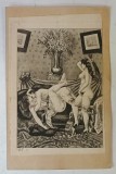 SCENA EROTICA , GRAVURA APLICATA PE CARTE POSTALA CLASICA , ROMANEASCA