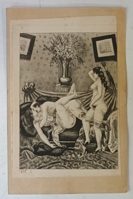 SCENA EROTICA , GRAVURA APLICATA PE CARTE POSTALA CLASICA , ROMANEASCA foto