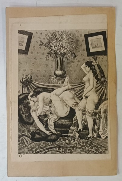 SCENA EROTICA , GRAVURA APLICATA PE CARTE POSTALA CLASICA , ROMANEASCA