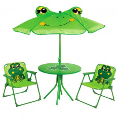 Set mobilier gradina/terasa pentru copii, pliabil, verde, model brosca, 1 masa cu umbrela, 2 scaune, Melisenda