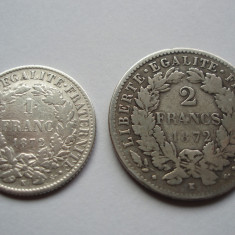 FRANTA - SET 1 FRANC 1872 + 2 FRANCS FRANCI 1872 BB , Ag835, LF1.43