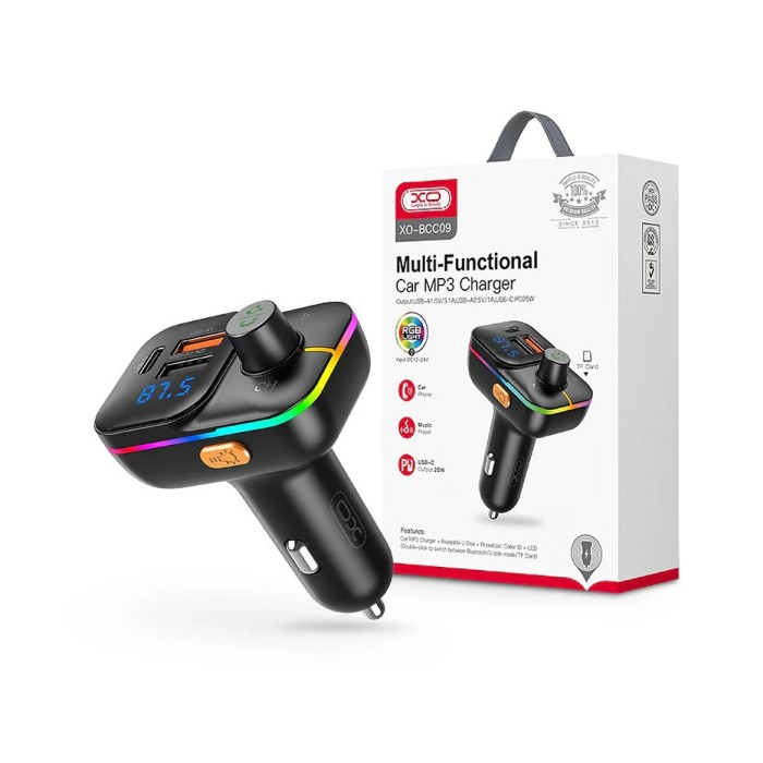 Transmitator FM Bluetooth XO/Incarcator bricheta - 2xUSB + MP3 + Redare Pendrive + Lumina RGB + Incarcator