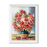 Tablou vaza cu maci regali pictat manual inramat, 55x40cm ulei panza, rama alba din lemn