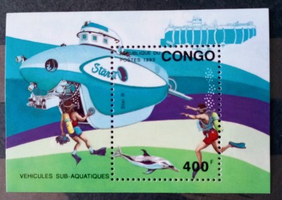 CONGO 1993. Submarine. Scafandru ,colita bloc Nestampilat foto