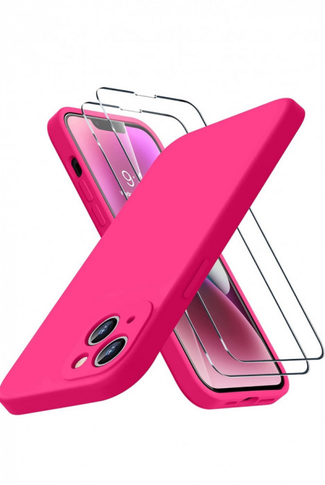 Husa silicon antisoc cu microfibra in interior pentru Iphone 14 Roz Neon