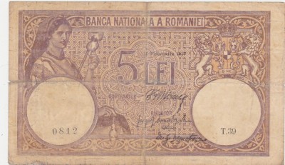 ROMANIA 5 LEI August 1917 Fagure Uzata foto