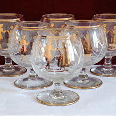 Set antic rar din 6 pahare de coniac, cristal Murano gravat si pictat cu aur