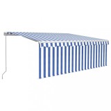 Copertină retractabilă manual cu stor, albastru&amp;alb, 4x3 m