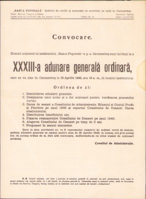 HST A406 Convocare 1940 Adunarea generală Banca Poporală Caransebeș foto
