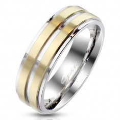 Inel din oțel într-o culoare argintie - decorat cu două dungi într-un design colorat auriu, 6 mm - Marime inel: 70