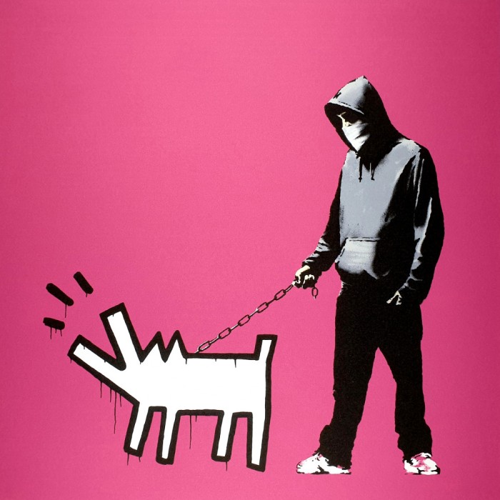 Banksy, C&acirc;ine care latră (roz), litografie semnată &icirc;n creion de m&acirc;nă