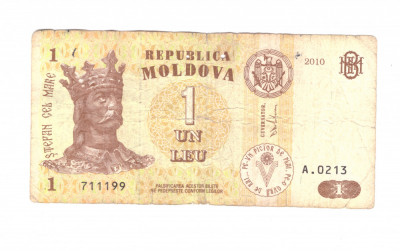 Bancnota Republica Moldova 1 leu 2010, circulata, uzata foto