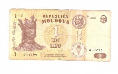 Bancnota Republica Moldova 1 leu 2010, circulata, uzata foto