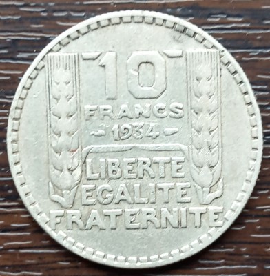 (A73) MONEDA DIN ARGINT FRANTA - 10 FRANCS FRANCI 1934, 10 GRAME, PURITATE 680 foto