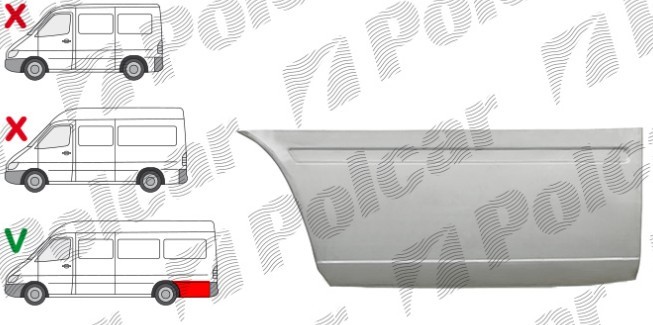 Segment reparatie aripa spate MERCEDES SPRINTER, 01.1995-2006, VW LT II 05.1996-12.2005, partea stanga, lateral panel: L=2900 mm; in spatele rotii; a