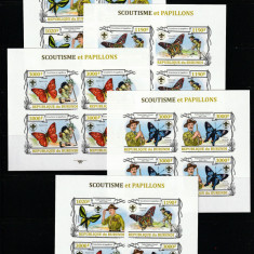 Burundi 2013-Cercetasi,Fauna,Fluturi,4 blocuri de 4 timbre si bloc 4 val.nedant.