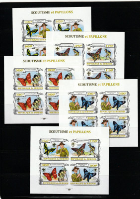 Burundi 2013-Cercetasi,Fauna,Fluturi,4 blocuri de 4 timbre si bloc 4 val.nedant. foto