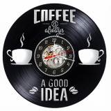 Ceas de perete decorativ realizat din disc de vinil, Model Coffee is Always a Good Idea, Cesti de Cafea, Boabe si Text Motivational, Negru, 30 cm