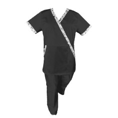 Costum Medical Pe Stil, Negru cu Elastan cu Garnitură stil Japonez, Model Marinela - XL, XS