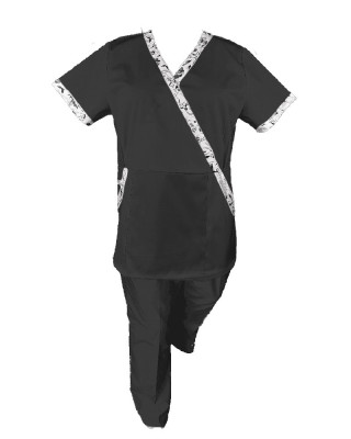Costum Medical Pe Stil, Negru cu Elastan cu Garnitură stil Japonez, Model Marinela - XS, XS foto