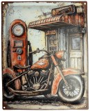 Placă metalică Vintage Motorcycle &amp; Gas Pump &ndash; Retro