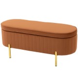 HOMCOM Banchetă Ovală cu Depozitare 72 L, cu Capac Rabatabil, din Material Catifelat și Lemn, 108x44x43,5 cm, Maro Auriu | Aosom Romania