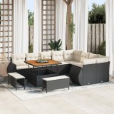 Set de canapea de grădină vidaXL cu 12 piese și perne, negru, poli ratan, acacia, Set de dining pentru grădină vidaXL cu 3 piese și perne, negru, poli