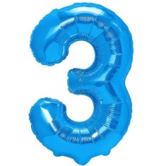 Balon din folie metalizata, flippy, figurina cifra, tema aniversare 80 cm, ambalaj individual, pai inclus, umflare cu aer sau heliu, albastru, cifra 3