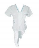 Costum Medical Pe Stil, Alb cu fermoar si cu garnitura Turcoaz inchis, Model Adelina - S, L