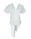 Costum Medical Pe Stil, Alb cu fermoar si cu garnitura Turcoaz inchis, Model Adelina - L, 4XL
