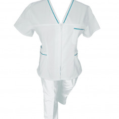 Costum Medical Pe Stil, Alb cu fermoar si cu garnitura Turcoaz inchis, Model Adelina - M, M