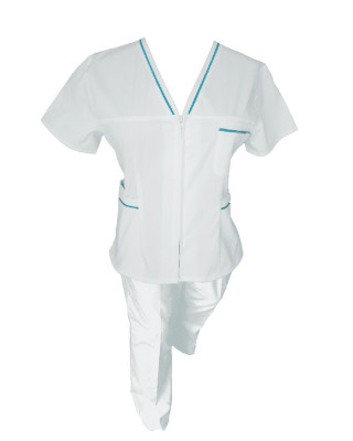 Costum Medical Pe Stil, Alb cu fermoar si cu garnitura Turcoaz inchis, Model Adelina - XL, S foto