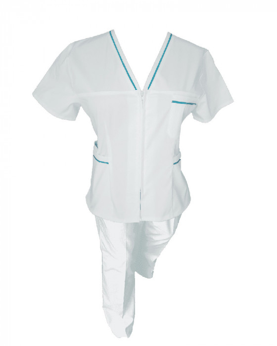 Costum Medical Pe Stil, Alb cu fermoar si cu garnitura Turcoaz inchis, Model Adelina - 2XL, S
