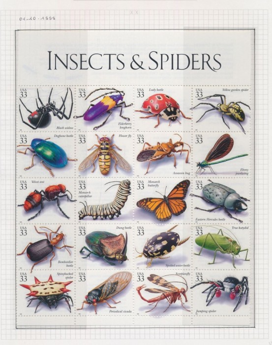 SUA-1999-INSECTE-Bloc de 20 timbre cu nominalul de 33 centi