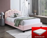 Set pat tapitat Comfort 2 cu LED cu saltea inclusa, cadru din lemn cu somiera fixa, culoare Roz