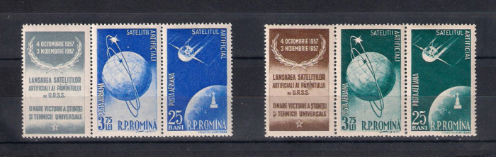 ROMANIA 1957 - SATELITII ARTIFICIALI AI PAMANTULUI, TRIPTIC, MNH - LP 444a(1)