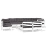 Set mobilier gradina cu perne, 10 piese, alb, lemn masiv pin