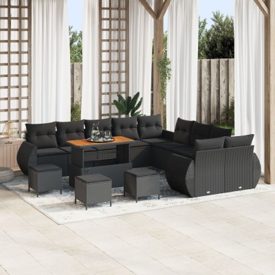 Set canapea pentru gradina Gossi 14 piese cu perne ratan negru acacia, set de dining pentru gradina Gossi 4 piese cu perne ratan negru acacia foto