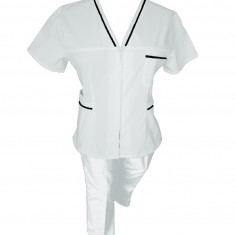 Costum Medical Pe Stil, Alb cu fermoar si cu garnitura neagra, Model Adelina - XS, XS