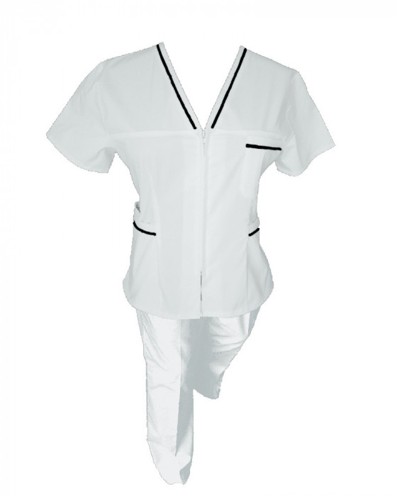 Costum Medical Pe Stil, Alb cu fermoar si cu garnitura neagra, Model Adelina - L, S
