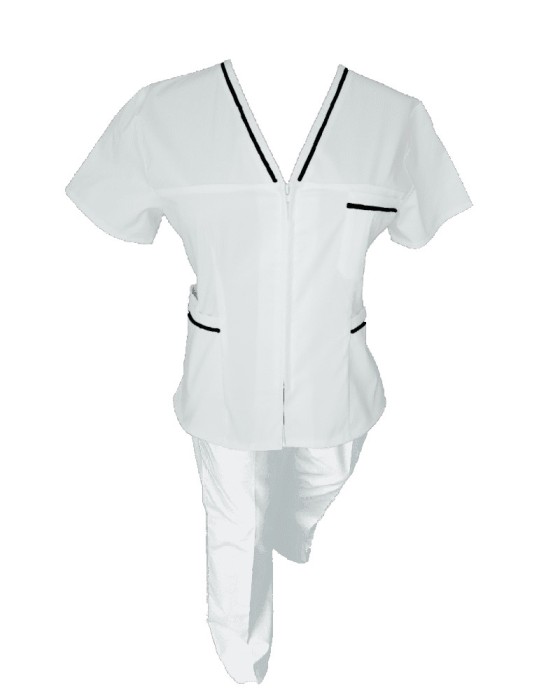 Costum Medical Pe Stil, Alb cu fermoar si cu garnitura neagra, Model Adelina - 4XL, XL