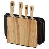 Set cutite de bucatarie 4 buc inox, 3 tocatoare negre, suport organizator cu efect de lemn, 8 piese, Klausberg