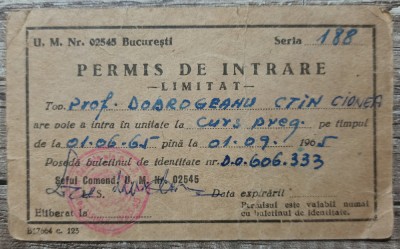 Permis de intrare (limitat) in unitate militara, 1965 foto