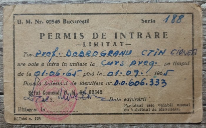 Permis de intrare (limitat) in unitate militara, 1965