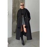 Trench lung din stofa, Negru, cu revere si siret in talie